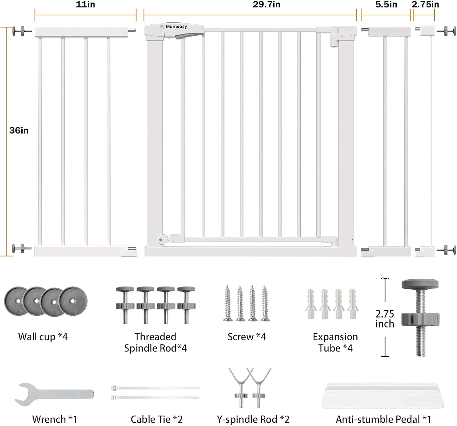 Mumeasy 36" Extra Tall Baby Gate for Stairs, 29.7-51" Wide Dog Gates Indoor for Doorways with Easy Walk Thru, Auto Close Pet Safety Gate for House, Pressure Mounted Metal Child Gate with Door, White White 29.7-51"W x 36"H