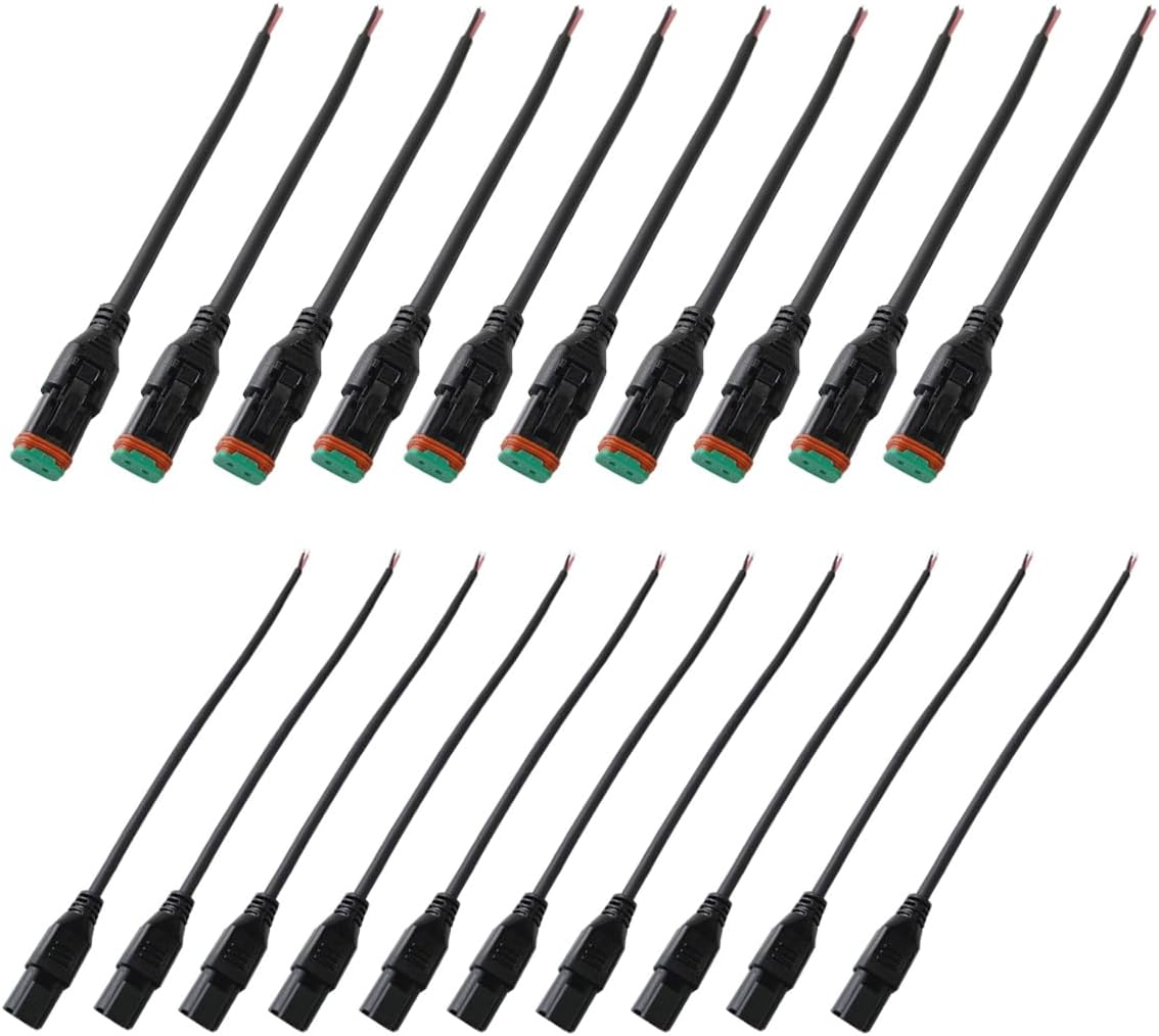 Lightronic 10 Set DT Connector 2 Pin Black 16-20 AWG Male and Female auto Waterproof Electrical Wire Connector Plug with Pigtail Wire for Below 180W Led Lights