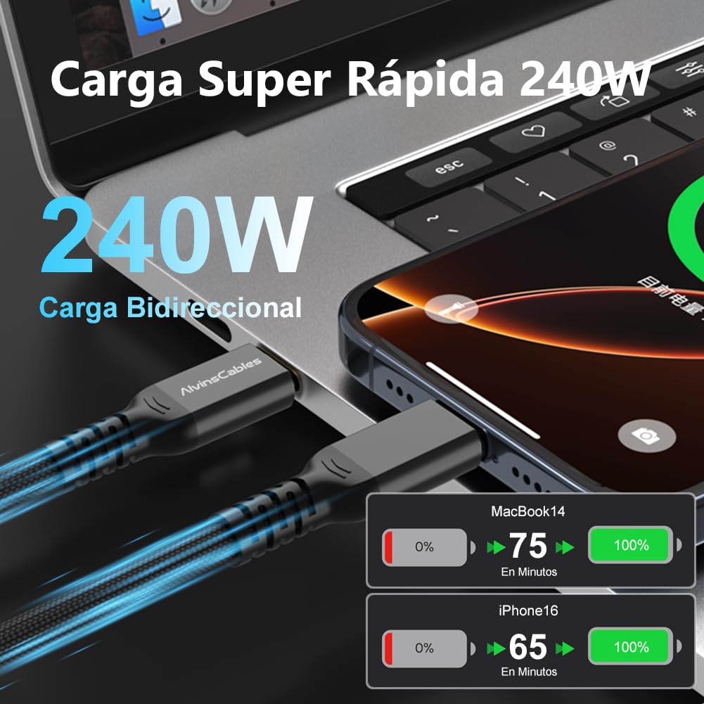 Alvin's Cables Cable Thunderbolt 5, 30.48 cm USB-C a USB-C Cable 120 Gbps 240W PD Carga rápida 16K Visualización, Compatible con Thunderbolt 4/3, USB4, para MacBook, Egpu, Dock, Certificado Intel