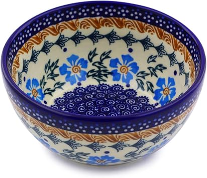 Polmedia Polish Pottery Bowl 5-inch - Blue Cornflower Pattern Handmade in Boleslawiec Poland by Ceramika Bona + Certificate of Authenticity