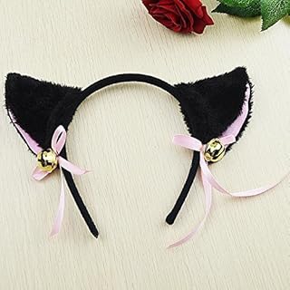 【ノーブランド品】猫耳 コスプレ ふわふわカチューシャ リボン 鈴付き ヘアーバンド イベント用品 (ブラック×ピンク)
