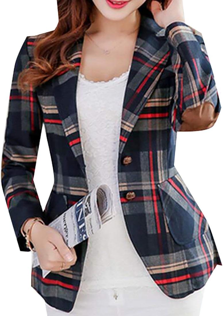 Women's Blazer Plaid Blazers for Women Work Office Casual Long Sleeve Lapel Button Pocket Jacket Suit Business Red XL
