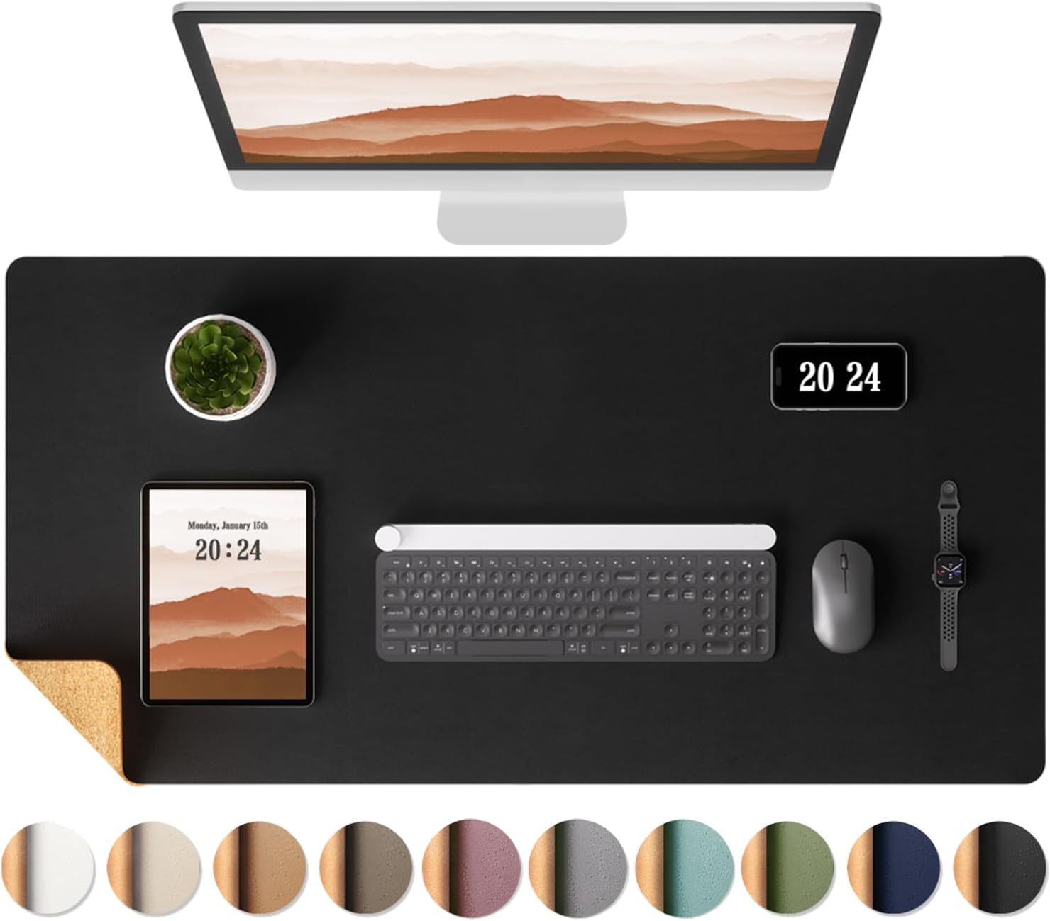 Aothia Desk Mat, Double-Sided Desk Mat with Natural Cork and PU Leather, Mouse Mat/Desk Protector, Waterproof for Office/Home/Decoration (Black, 96 x 43 cm)