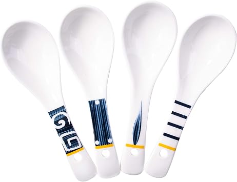 4-Piece Japanese Ceramic Soup Spoon Set, 5.5-Inch Hand-Painted Geometric Pattern Spoons with Hanging Hole for Miso Soup, Ramen, Pho, Rice, and Dessert, Microwave and Dishwasher Safe