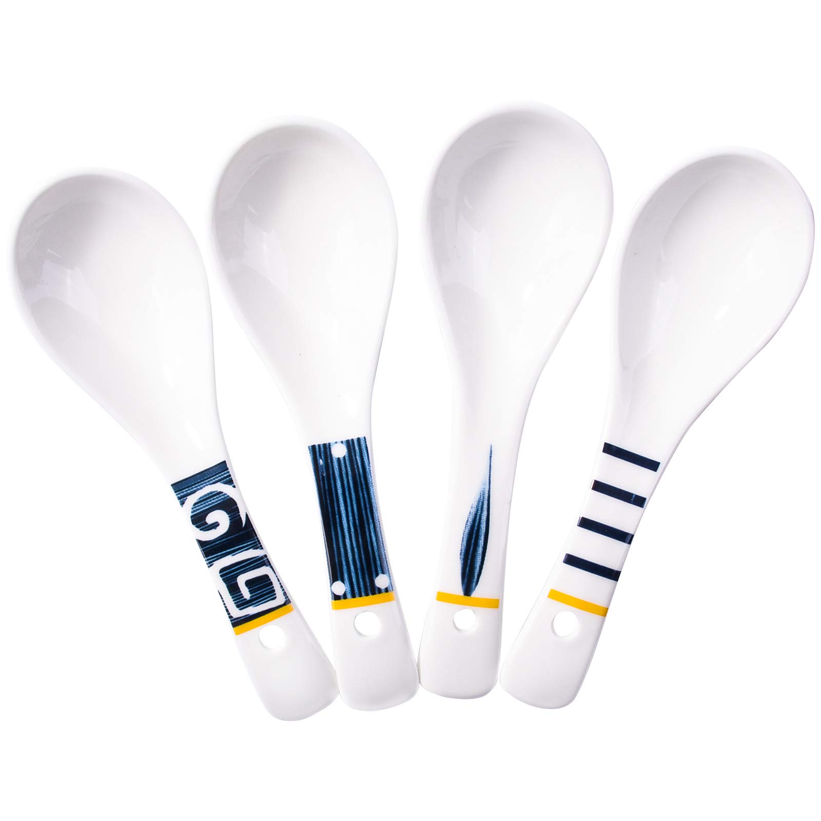 Cerficer Japanese Ceramic Soup Spoon Set of 4 for Ramen Wonton Miso Broth Chaos Salad Noodles Miso