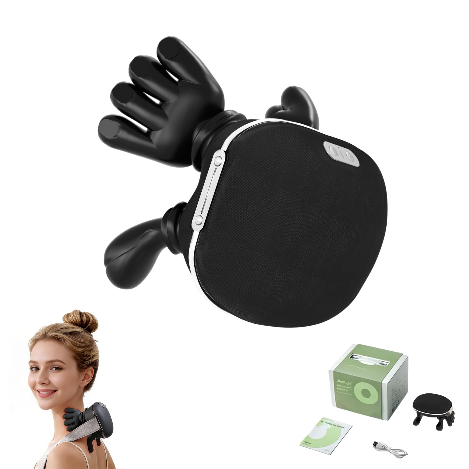 Dispositivo de masaje cervical biónico, dispositivo de masaje de espalda con función de calor, dispositivo de masaje portátil 4D de profunda penetración, 3 métodos de masaje (Negro)