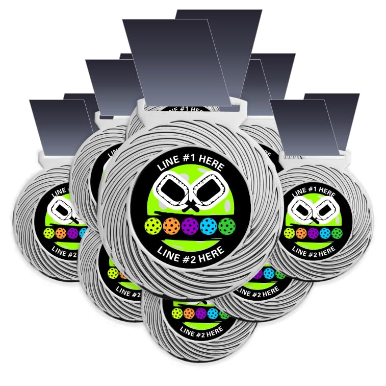 JUSTAWARDMEDALS 10 Pack Pickleball Award Medal, Your Custom Text Using Our Pickleball Award Medallion Insert Design. Large 3-1/8”W x 3-1/2”H Quality