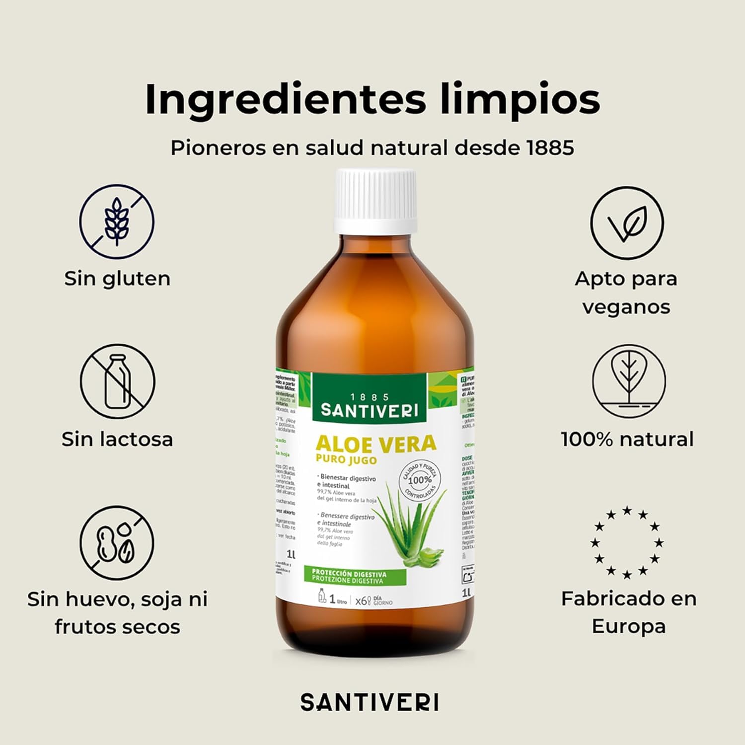 SANTIVERI - Aloe Vera Jugo, Complemento Alimenticio a Base de Jugo de Aloe Vera, Ayuda con el Bienestar Digestivo e Intestinal, Sin Gluten, Vegano - Pack de 2 x 1 L