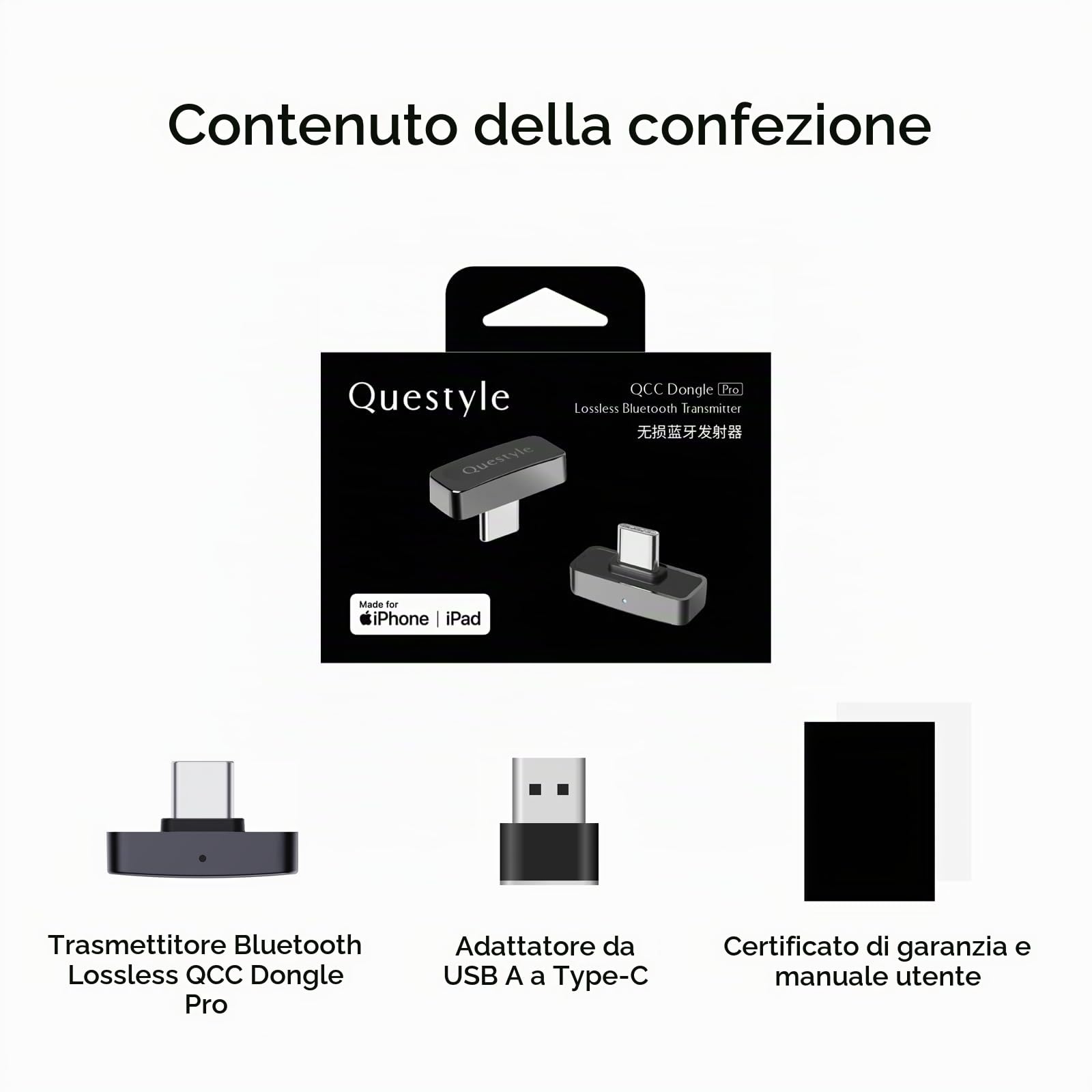 Questyle QCC Dongle Pro Adattatore Bluetooth USB-C, adattatore audio Bluetooth 5.4 con LDAC, aptX Lossless e aptX-Adaptive, trasmettitore wireless senza perdita per collegare cuffie e auricolari