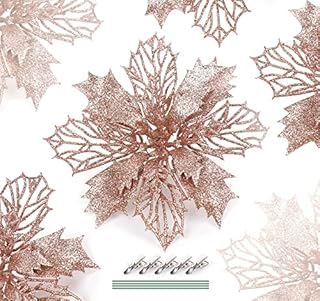 HOUISM 16pcs Glitter Poinsettia Christmas Artificial Flowers Christmas Tree Floral Ornaments Decorations Xmas Tree Pendant Wreath Garland Arch Floral Winter Holiday Home Decor - Rose Gold