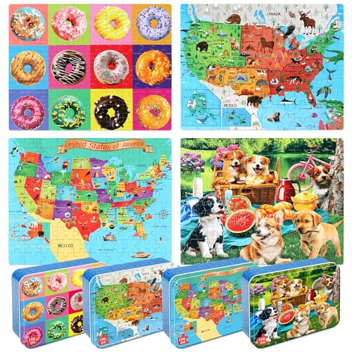 LELEMON Puzzles for Kids Ages 4-6,4-Pack 100 Piece Puzzles for Kids Ages 4-8 in a Metal Box,Donut National Parks Map USA Map Dogs Educational Jigsaw Puzzles Puzzle Games Puzzle Toys for Girls and Boys