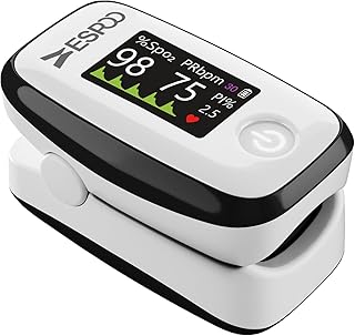 ESPOO Pulse Oximeter with 20 Memory, Oxygen Monitor Fingertip 4 Color TFT Display(SPO2), Alarm & Brightness Adjustable, Batteries & Lanyard Include(White&Black)