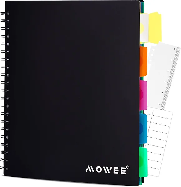 MOWEE Spiral Notebook - 5 Subject Notebook, College Ruled Notebook With Dividers Pocket, Tabs Label, 11" Ruler, 200 Pages, for Writing Journal, Home & Office, School Supplies, 8.5''x11''Black