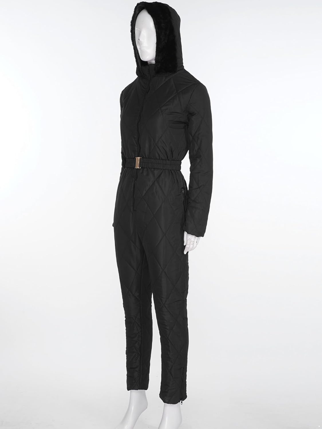 Freebily Women's One-piece Ski Suit Windproof Hooded Padded Snowsuit With Belt And Warm Gloves Set