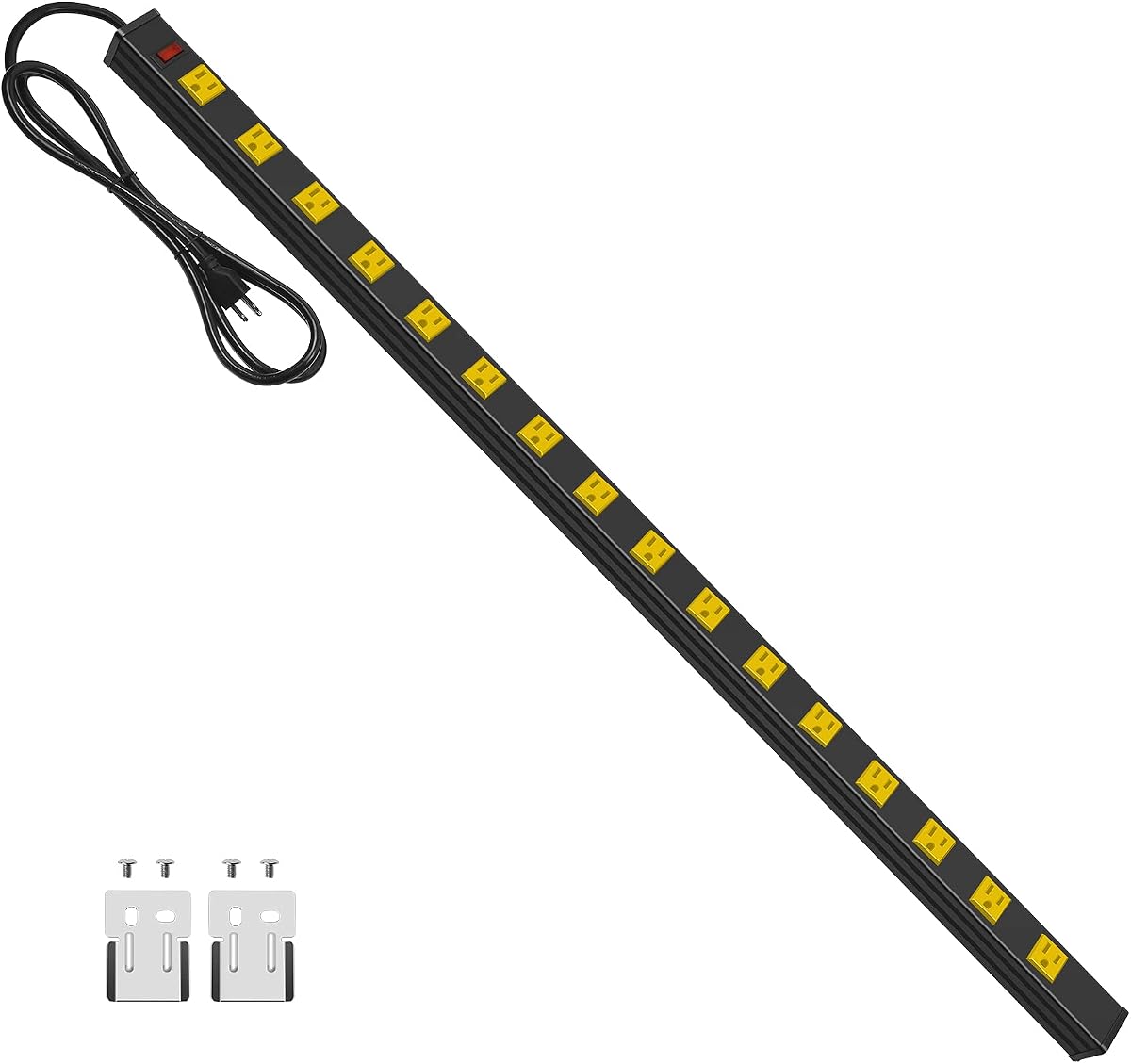 Long Metal 16 Outlet Wide Spaced Power Strip, Yellow, 6 FT Cord | Heavy Duty Wall Mount Outlets for Garage Industrial Workshop, ETL Listed, 15A, 125V, 1875W