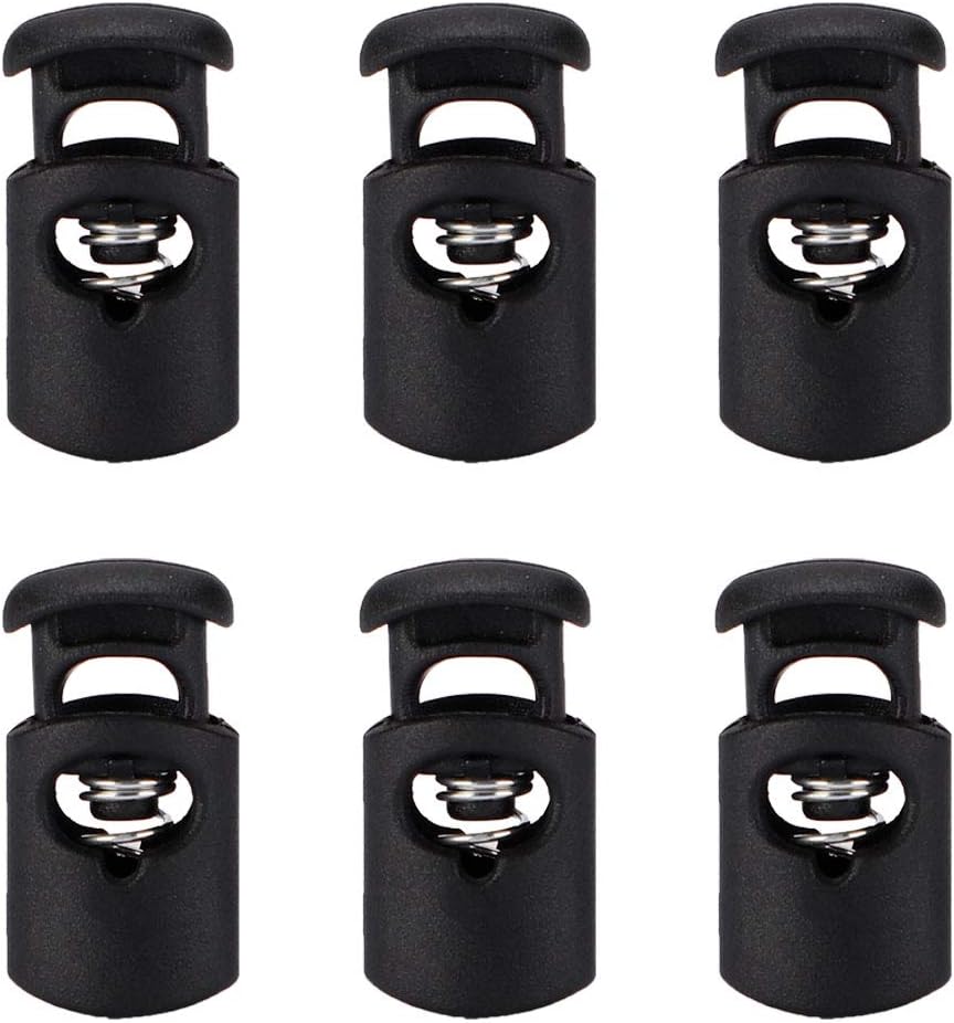 sourcing map 6pcs Plastic Cord Locks Stopper End Spring Stop Single Hole Toggle Fastener Stoppers Rope End for Drawstrings Clothing, Shoelaces, Bags, Camping, Black