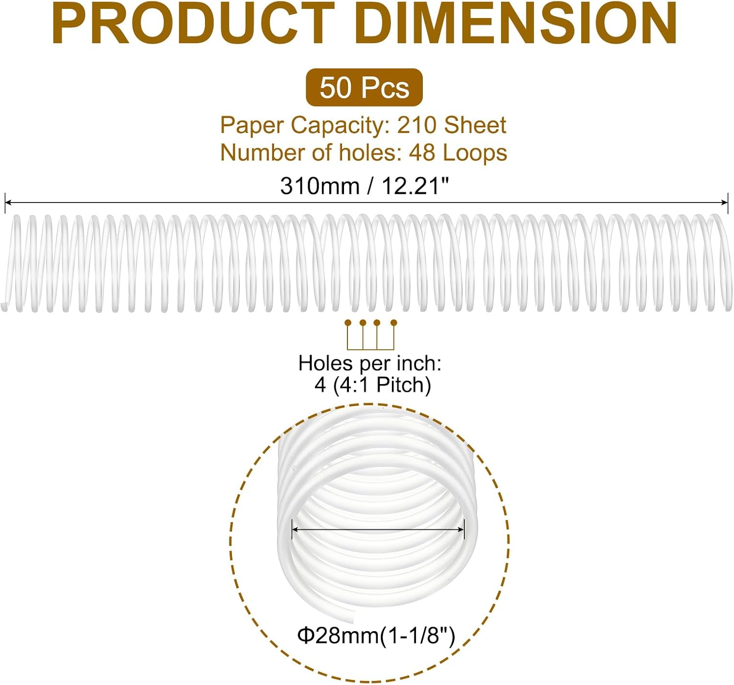PATIKIL 50 Pack Plastic Spiral Binding Coils, 28mm(1-1/8") Binding Coils 210 Sheet Capacity Spiral Binder Rings 4:1 Pitch for Office Classroom, Clear