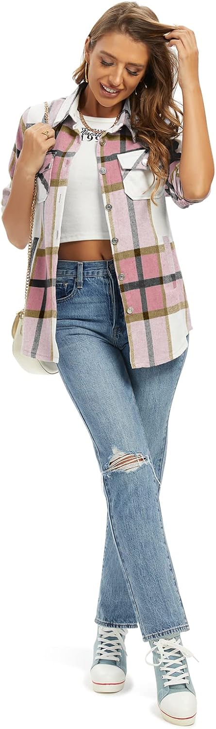 Women's Flannel Plaid Shacket Jacket Fashion Button Down Long Sleeve Casual Shirt Shackets Fall Clothes for Women - Image 4