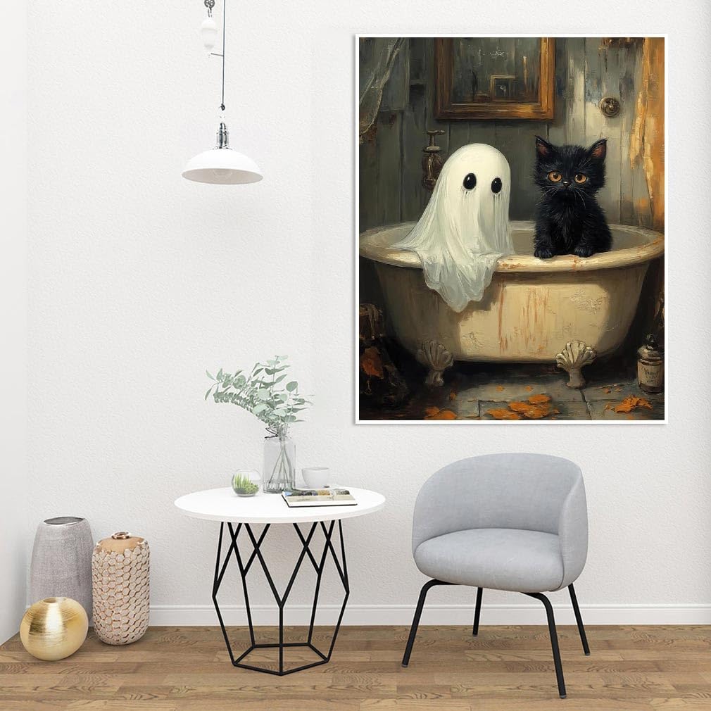 Clendo Halloween Paint by Numbers Kit for Adults, Ghost Oil Painting by Numbers with Brushes, Black Cat Art and Crafts Canvas Kit for Beginner Home Decor 16x20 inch / 40x50 cm