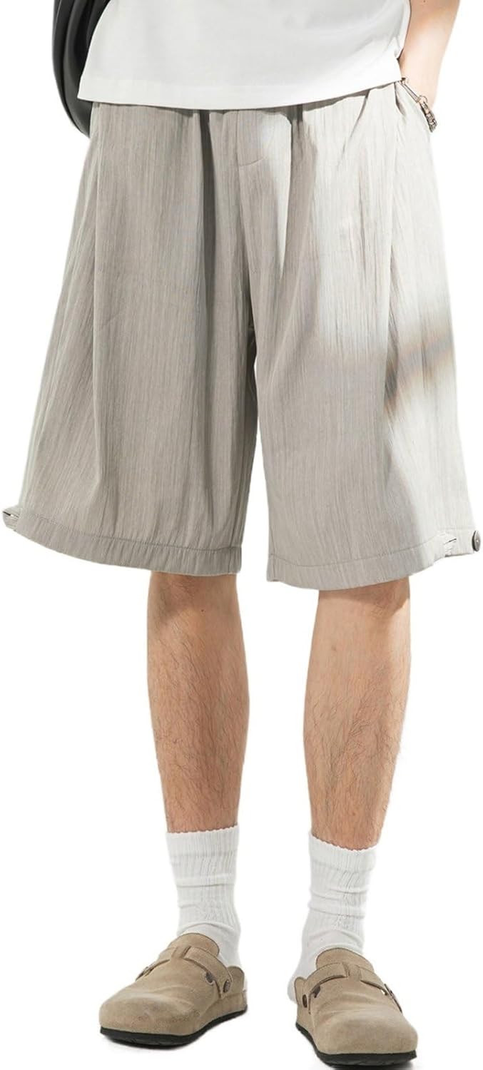 Men's Summer Lightweight Elastic Waist Pleated Solid Color Knee Length Shorts