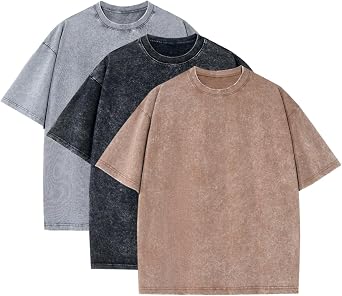 Mens 3 Pack Oversized T-Shirts Heavyweight Cotton Vintage Washed Boxy Tees Drop Shoulder Loose Fit Tshirt LTX007