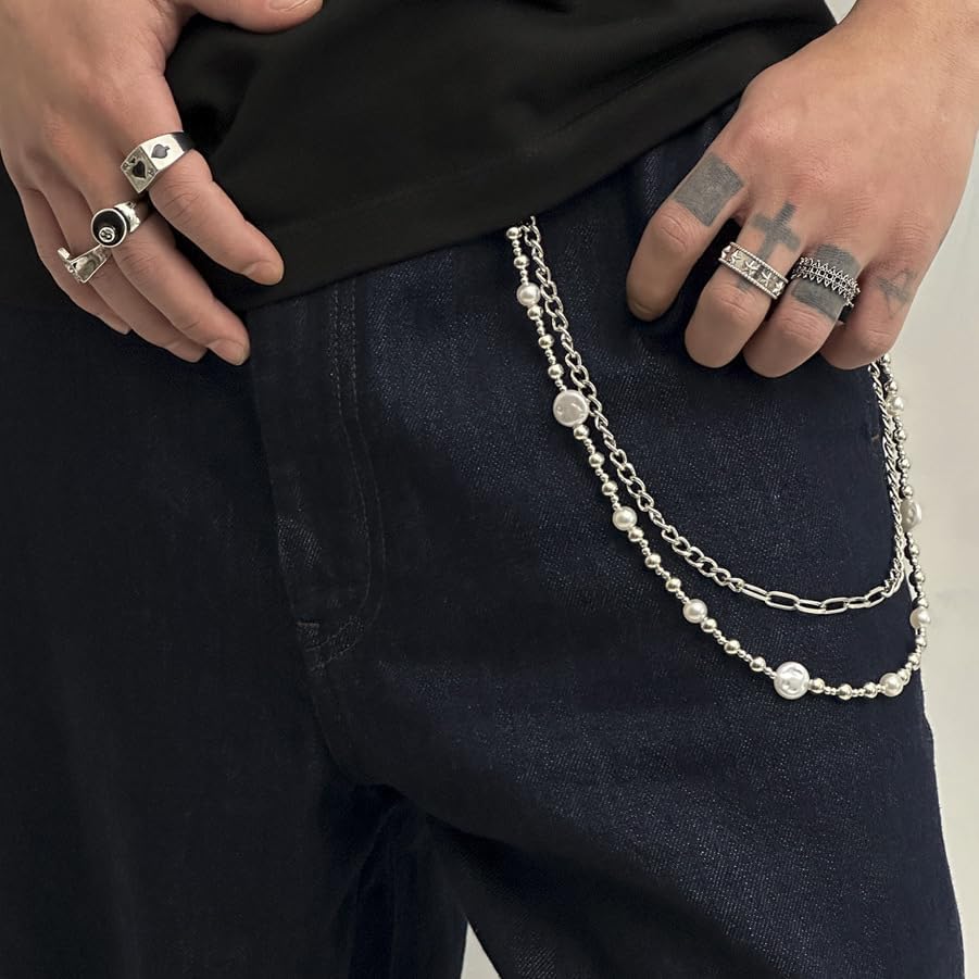 Wallet Chains for Men Women, Belt Chain for Pants Jeans, Pocket Wallet Chain Silver Layered Pearl Star Skull, Disco Baseball Drip Punk Jewelry Gifts Goth Accessories - Image 7