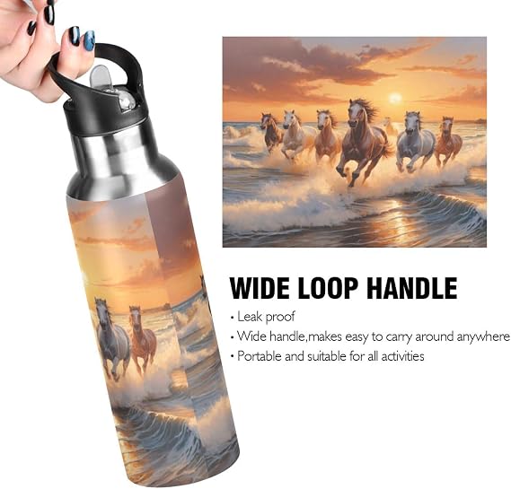 Stainless Steel Water Bottle - 32 Oz Leakproof BPA-Free Insulated Water Bottle for Sports Travel, Horses Running