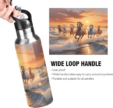 Stainless Steel Water Bottle - 32 Oz Leakproof BPA-Free Insulated Water Bottle for Sports Travel, Horses Running
