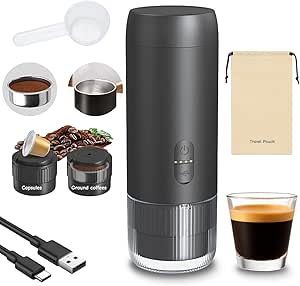 Portable Espresso Maker, 20 Bar, Travel Coffee Maker with USB Charging, Compatible with Ground Coffee & Capsules, Waterproof for Camping, Hiking, RV, Car, Office