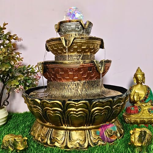 Image of Four Step Table Top Round Decorative Water Fountain for Home Decor /Office /Indoor & Outdoor /Garden /Puja Room /Vaastu (Golden, C-068-02)