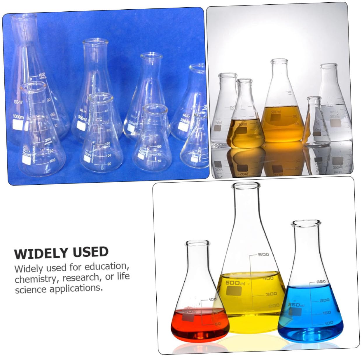 Matraz Cónico de Vidrio 3 Piezas 100ml 250ml 500ml | Graduaciones Estándar y Escala Clara, Base Plana, para Laboratorio Escolar y Aplicaciones de Ciencias Vida