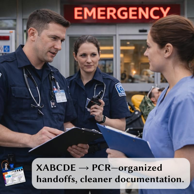 EMT Badge Cards & Pocket Guide with Retractable Reel - 8 Side Horizontal Set. Paramedic Flashcards for Assessment, Vitals, ECG & Pediatrics. PVC EMS Badge Buddy for First Responders