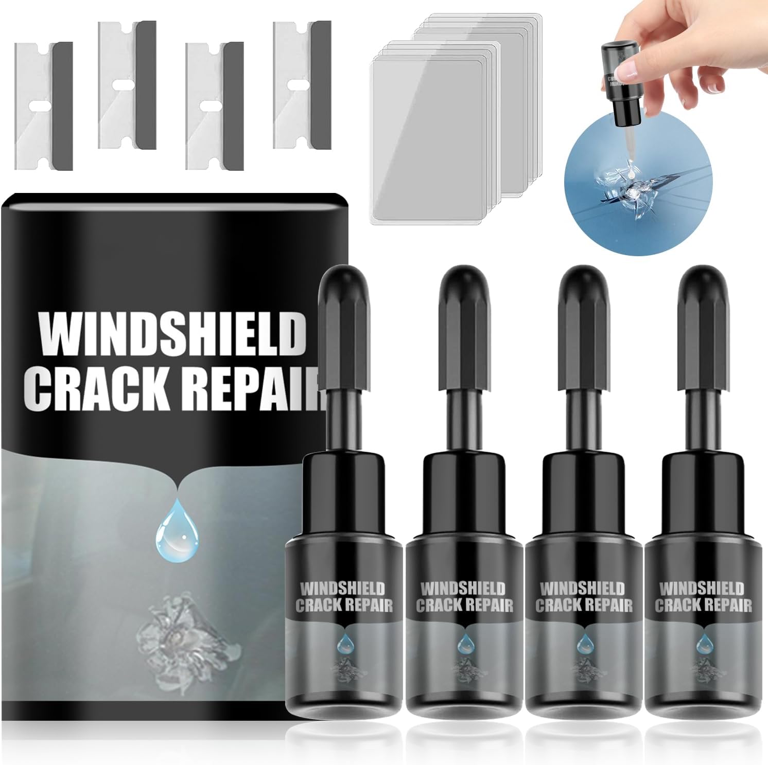 Windshield Crack Repair Kit - 4PCS Glass Repair Fluid For Chips, Cracks, Bulls-eye & Star Damage