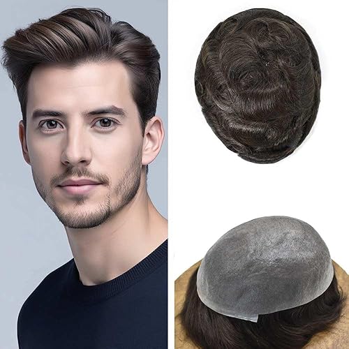 Miniatura 287 de Toupee For Men Ultra Thin Skin Human Hair Piece For Men Toupee V-loop Natural Looking Hair Replacement System Hairpiece 8x10#210#2 DARKEST BROWN+10%
