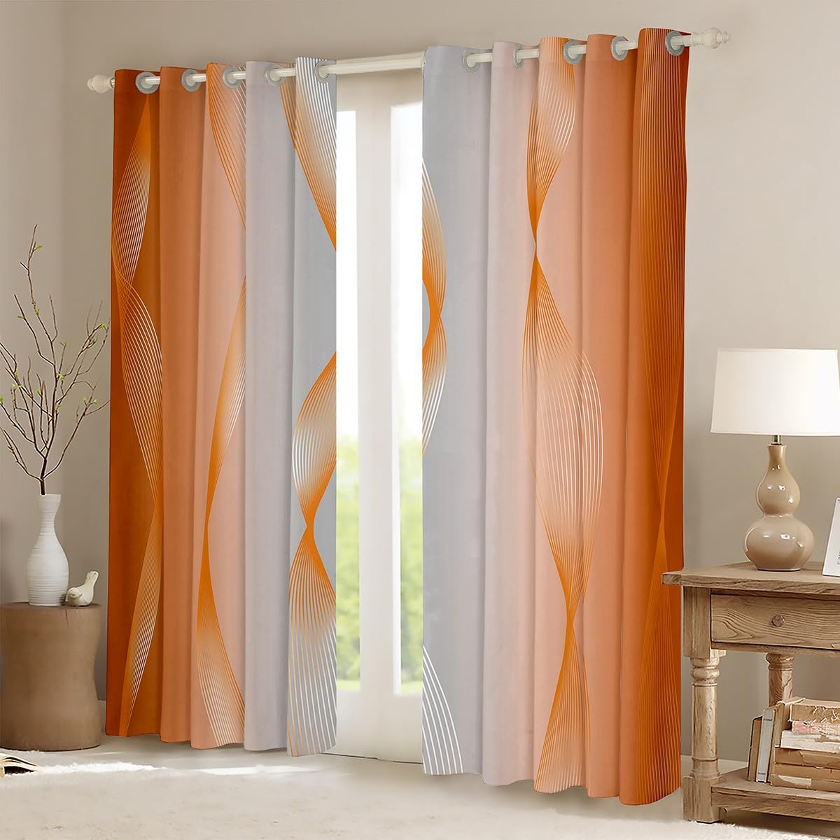 Homewish Gradient Orange and Greyish White Blackout Curtains Ombre 2 Panels 66" Wx72 L Curtains & Drapes,Trippy Spiral Silver Wave Line Curtains,Abstract Art Room Decor Aesthetic - Image 3