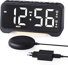 ROCAM Loud Alarm Clock for Sleeps, Alarm Clock with Vibration (3 Levels) and 5 Volumes, Double Alarm, 3 Alarm Modes, Large Screen with Day of the Week, Night Light, Snooze, USB and DST