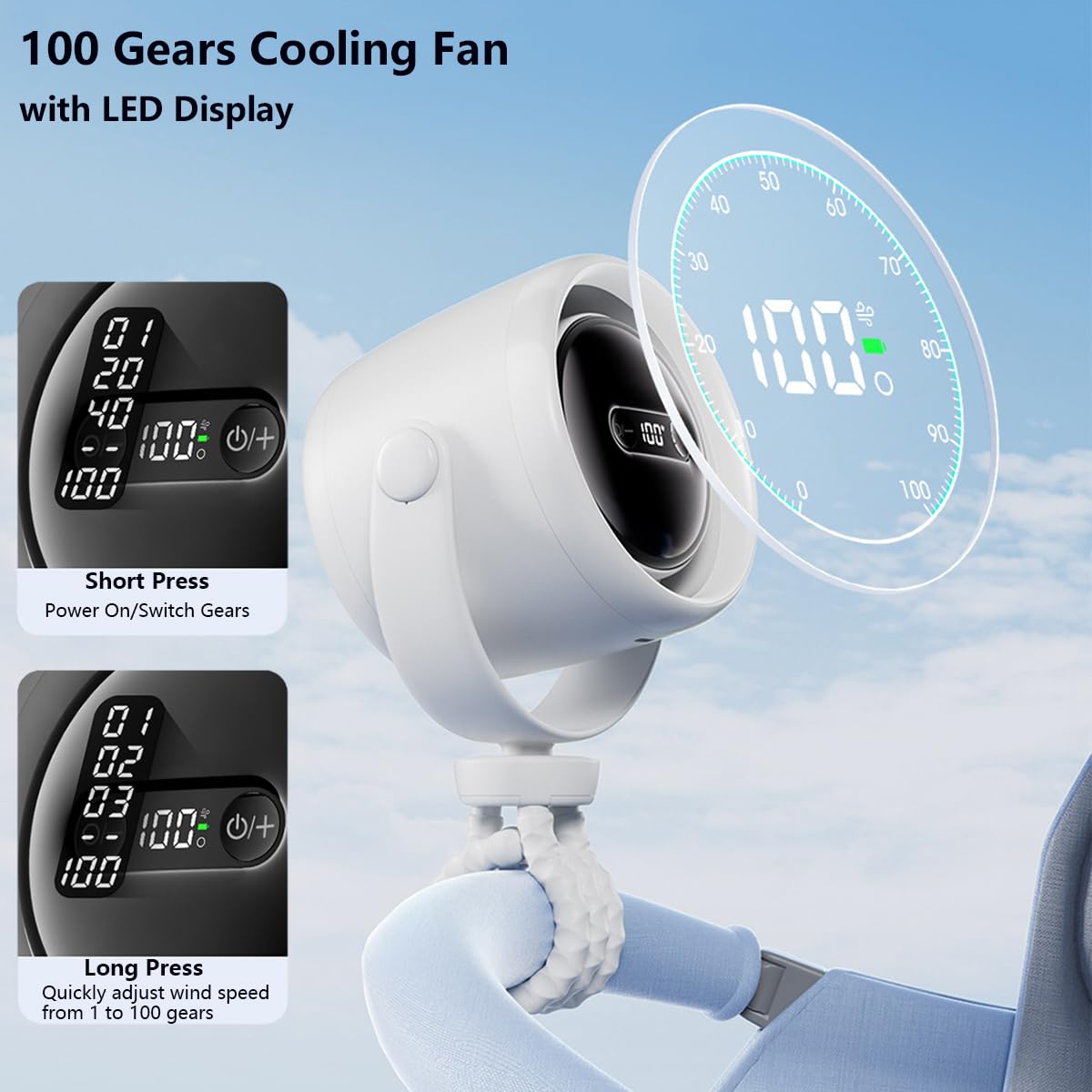 Petit Ventilateur de Poussette pour Bébé, Portable Ventilateur à Main/ de Bureau/ à Clip Silencieux Rechargeable USB pour Voiture Vélo Voyage BBQ, Rotation à 360°, 100 Vitesses, Veilleuse LED Black