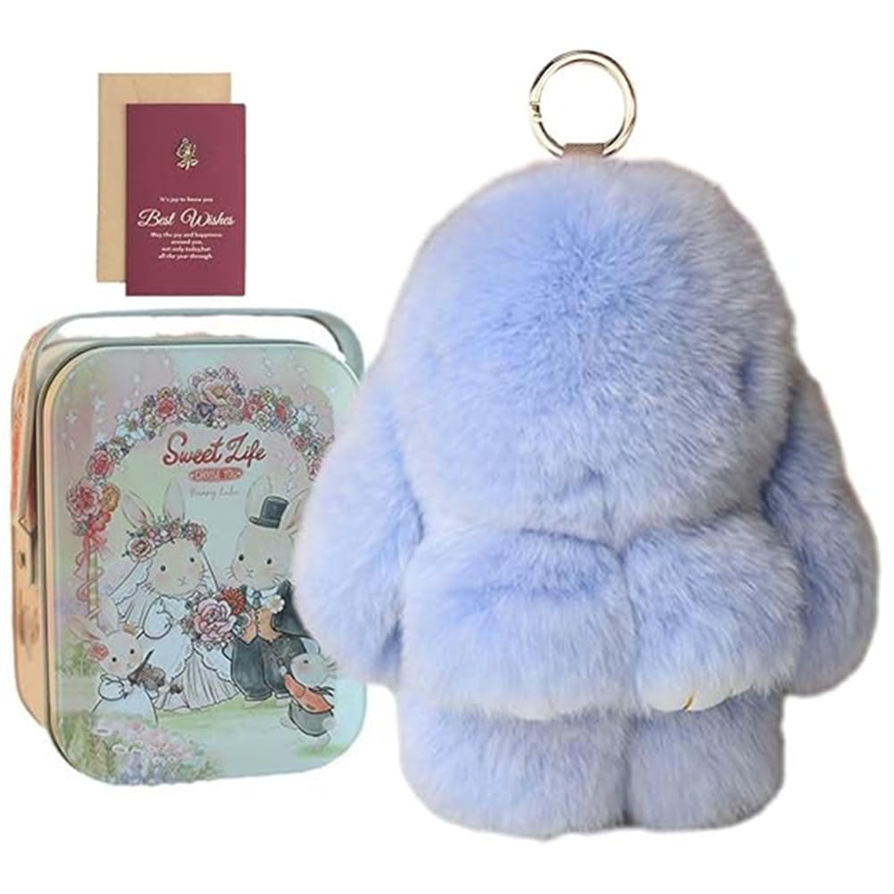 Htu Women's Blue Bunnylulu Keychain With Exquisite Box Handmade Soft Bunny Pompom Charms Plushies Lulu Rabbit Keyring For Backpack Decorations