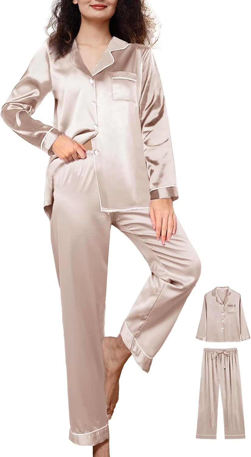 Womens Satin Pajamas Set 2Pcs Silk Pajama Long Sets XS-3XL Silky Long Pj Sets Sleepwear Stripes Pjs Loungewear