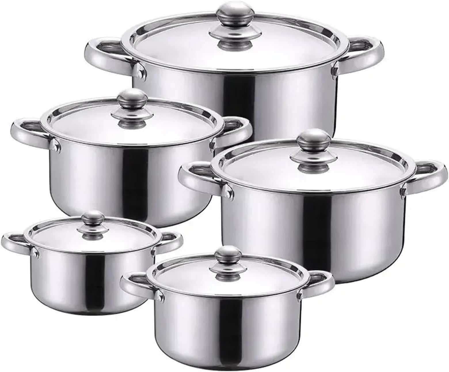 Stainless Steel Pan Set 10-Piece - Cooking Pots & Stock Pot Set with Glass Lids Induction Cookware Set for Family Kitchen 5 Saucepans Double Handle for Boiling Stewing Soup (Silver)