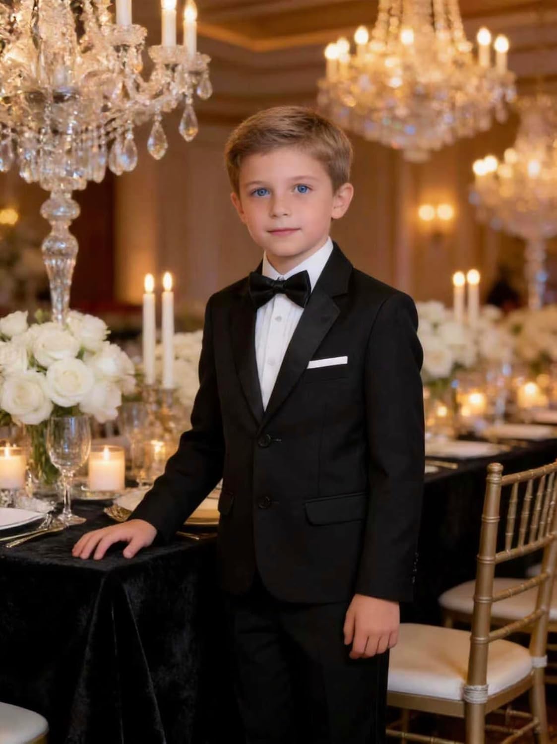 A&J DESIGN Boys' 5 - Piece Tuxedo Set - Jacket, Shirt, Pants, Necktie & Bow tie for Ages 6 to 16 Years - Stylish Formal Wear