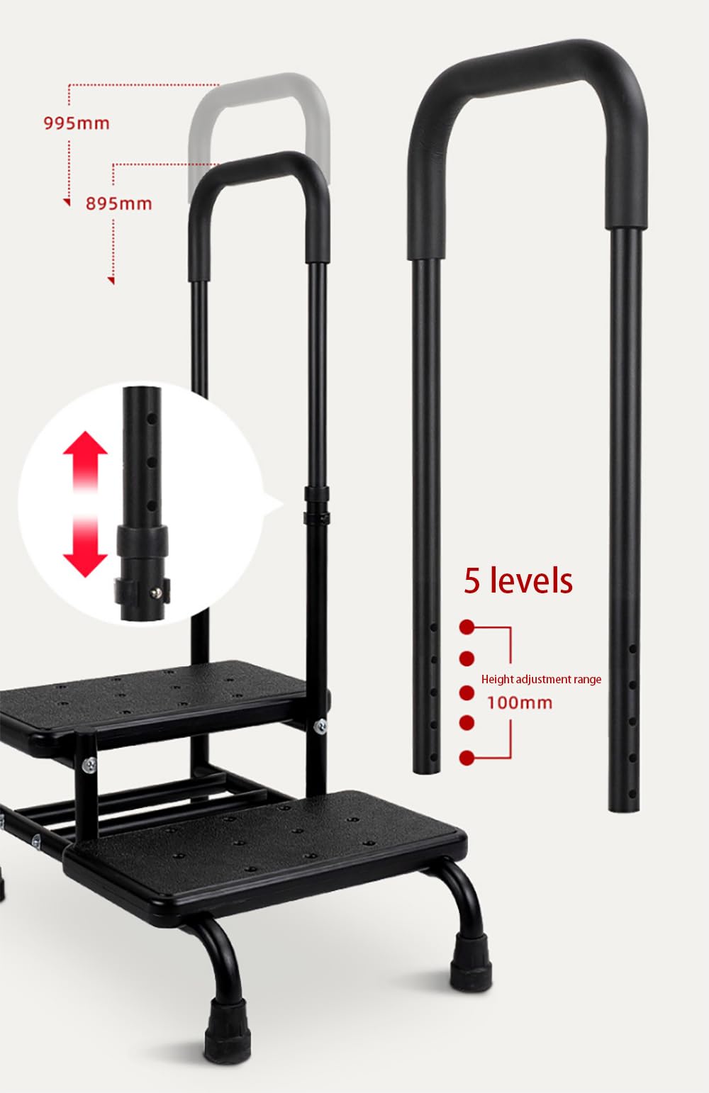 Step Stool with Handle, 400 lbs Adjustable 2 Steps Stool with Handrail for Adults and Seniors, Easy Assmbly Medical Foot Step Stool for Bed, Kitchen, Car, Bathtub (Schwarz)