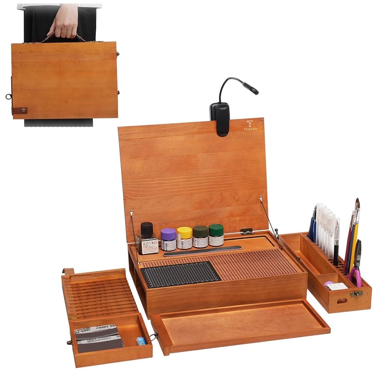 Banco da lavoro per modellismo, postazione di lavoro portatile in legno per taglio e montaggio, include cassetto, luce LED e tappetino da taglio A5 per progetti fai da te