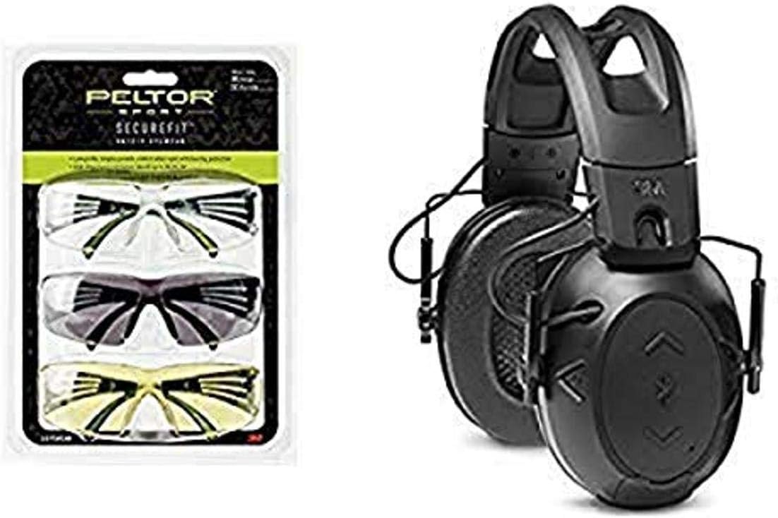 Peltor Sport SecureFit 400 Glasses, 3 Pack: Clear + Amber + Gray Lenses, Anti Fog with Tactical 500 Electronic Hearing Protector