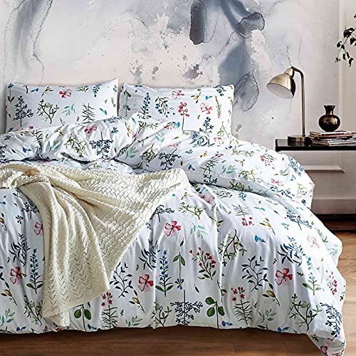 White Floral Duvet Cover Queen Size - 3 Piece Farmhouse Botanical Pattern   Wild Flowers and Green Blue Leaves Printed Microfiber Comforter Cover Set - Soft and Lightweight Bedding Quilt Cover