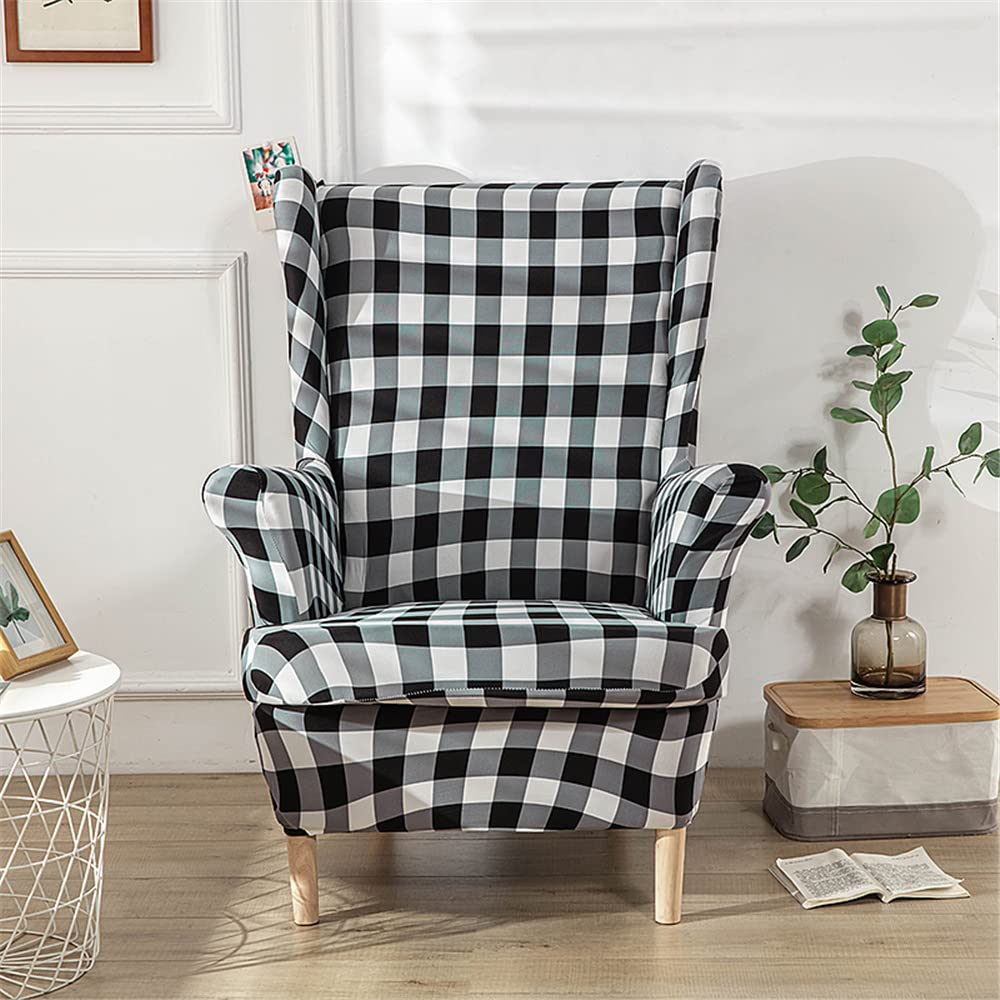 Ohrensessel Bezug 2er Set, Stretch Sesselüberzug im Büffelkaromuster mit Kissenbezug, elastischer Spandex Sesselbezug, waschbarer Möbelschutz für Wohnzimmer und Schlafzimmer A 1