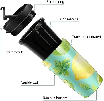 Seamless Pattern with Watercolor Lime, Lemon and Mint on Turquoise Plastic Water Bottle Tumblers, Leak-Proof Hot Cold Insulated Travel Mug, Double Walled Coffee Cup with Lid Funny Gifts 12.3oz