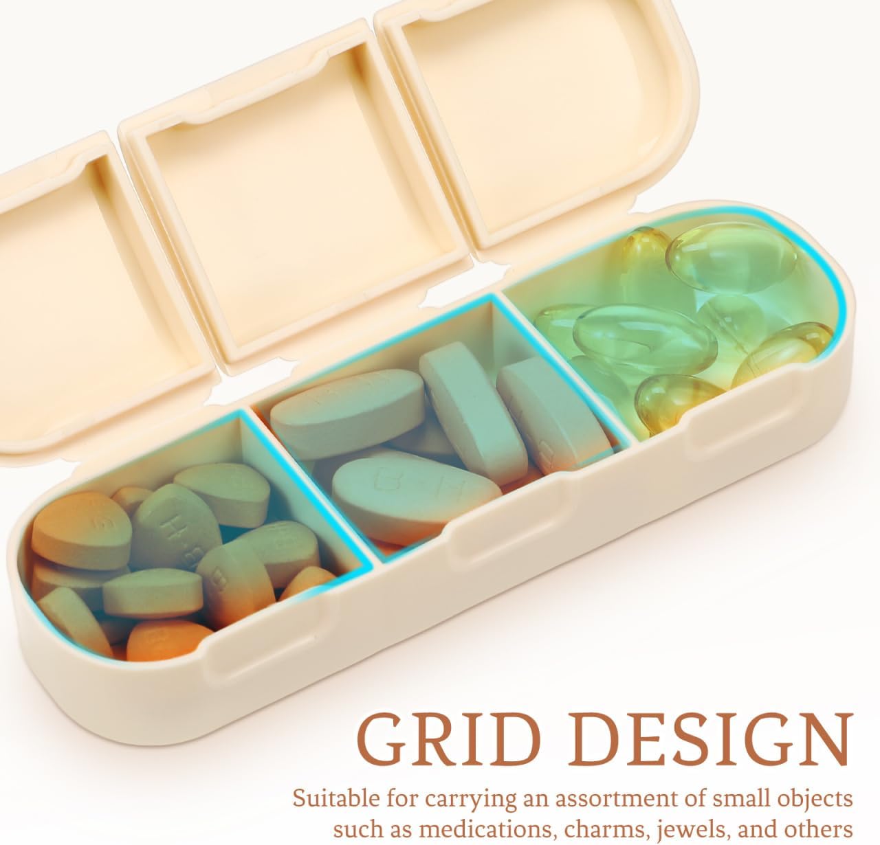 Baluue Mini Portable Travel Case Pill Organizer with Removable Dividers Weekly Medication Storage Box Sealed Small Travel Container for Daily Pills Vitamins Fish Oils