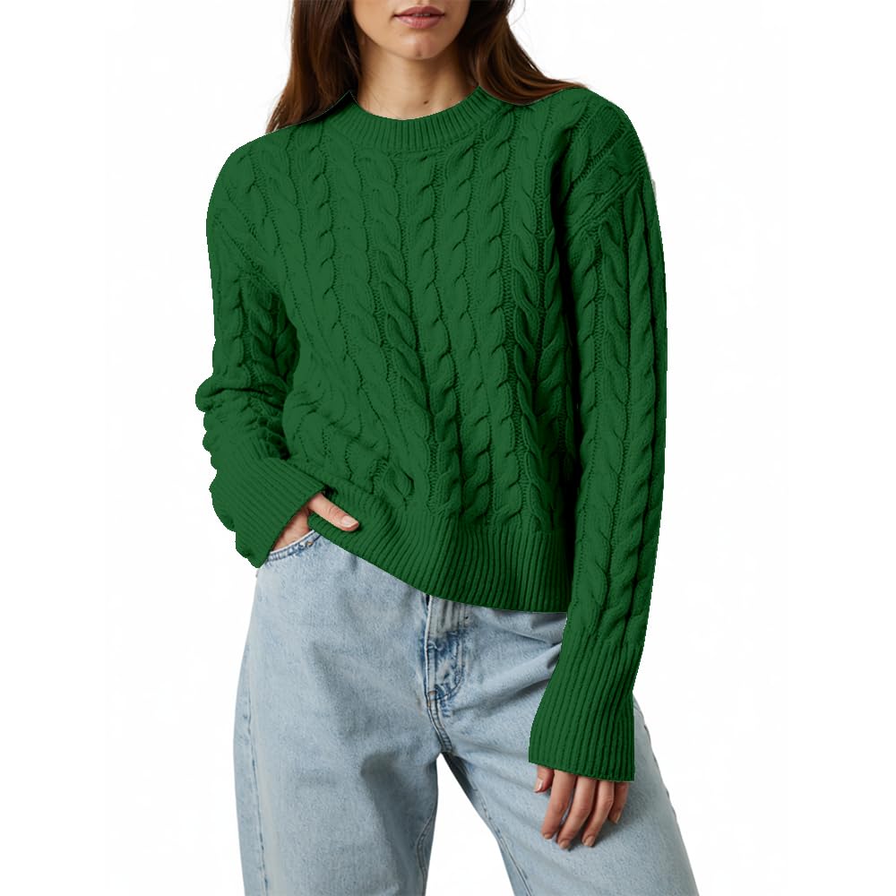 Women's Cable Long-Sleeve Crewneck Sweater Cable Knit Sweater for Women Soft-Touch Modern Crewneck, Pull On Sweaters