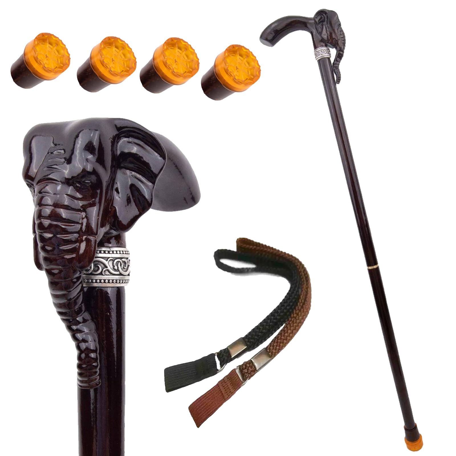 Bastón de Madera con Elefante para El Festival de Los Dos, con Correa y 4 Puntas Antideslizantes Extraíbles, Bastón de Lujo para Hombre y Mujer 90 Cm
